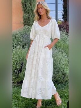 Baltic Born NEW WITH TAGS White V-Neck Puff-Sleeve Maxi Dress